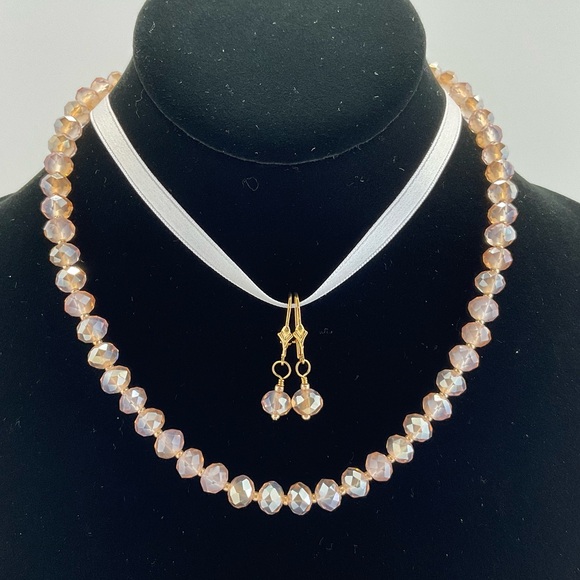 New Pink Golden Aura Crystal Beaded Necklace & Earrings Aura Effect Handmade